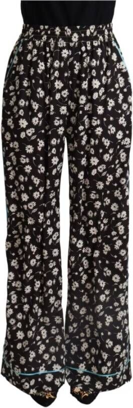 Dolce & Gabbana Black Floral Mid Waist Wide Leg Pants Zwart Dames