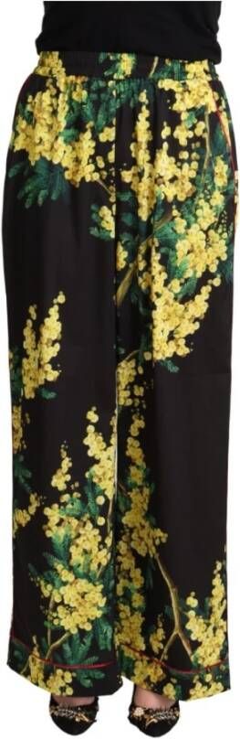 Dolce & Gabbana Black Floral Print Mid Waist Wide Leg Pants Zwart Dames