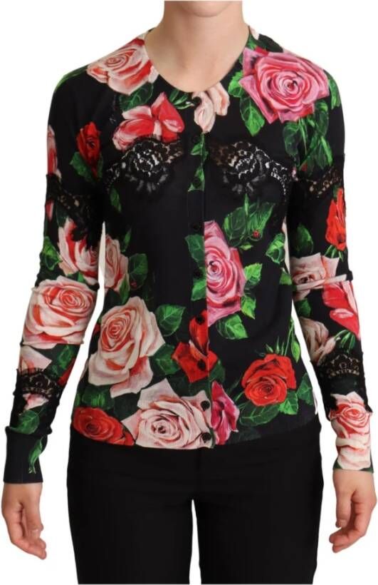 Dolce & Gabbana Black Floral Print Silk Blend Cardigan Sweater Zwart Dames