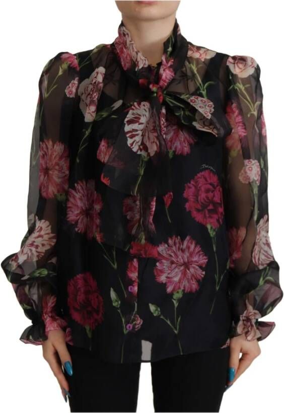 Dolce & Gabbana Black Floral Print Silk Top Shirt Blouse Zwart Dames