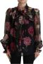 Dolce & Gabbana Black Floral Print Silk Top Shirt Blouse Zwart Dames - Thumbnail 1