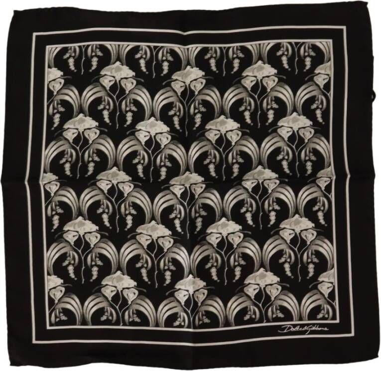 Dolce & Gabbana Black Floral Silk Square Handkerchief Scarf Zwart Heren
