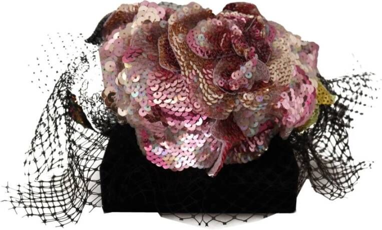 Dolce & Gabbana Black Flower Sequined Crystals Fascinator Diadem Headband Zwart