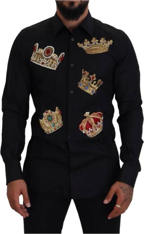 Dolce & Gabbana Black Gold Crown Slim Fit Dress Formal Shirt Zwart Heren