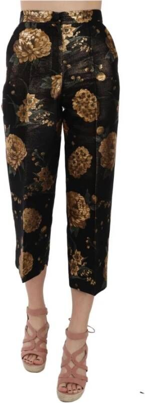 Dolce & Gabbana Black Gold Floral Jacquard Cropped Pants Zwart Dames