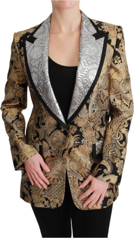 Dolce & Gabbana Black Gold Jacquard Blazerjas Jacket Geel Dames