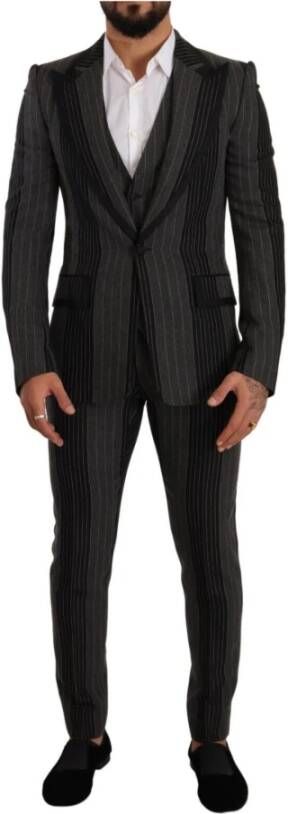 Dolce & Gabbana Black Gray Striped Slim Fit 3 Piece Suit Zwart Heren