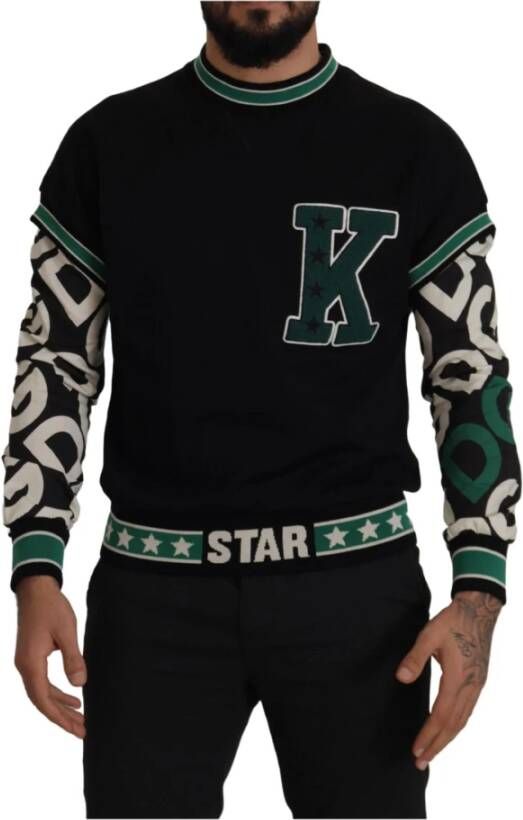 Dolce & Gabbana Black Green Cotton King Star Crewneck Pullover Sweater Zwart Heren