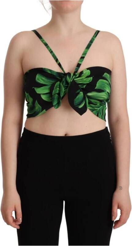 Dolce & Gabbana Black Green Leaf Silk Halter Cropped Top Zwart Dames