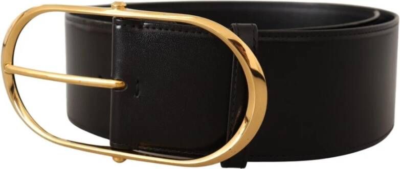 Dolce & Gabbana Black Leather Gold Metal Wide Waist Buckle Belt Zwart Unisex