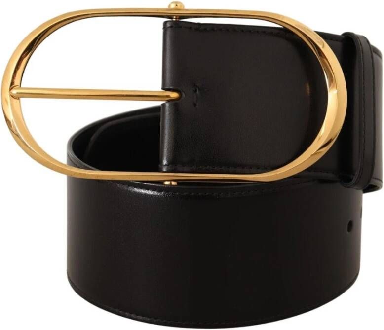 Dolce & Gabbana Black Leather Gold Metal Wide Waist Buckle Belt Zwart Unisex