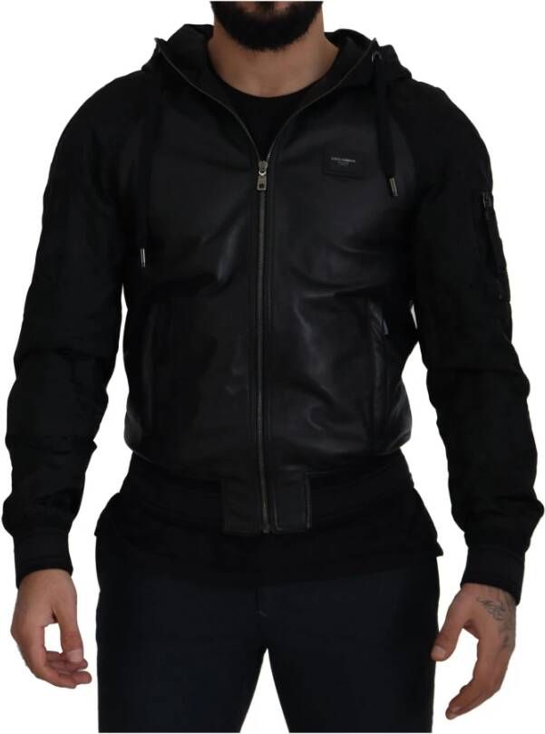 Dolce & Gabbana Black Leather Hooded Short Coat Jacket Zwart Heren