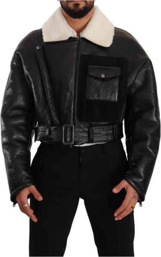 Dolce & Gabbana Black Leather Shearling Biker Coat Jacket Zwart Heren