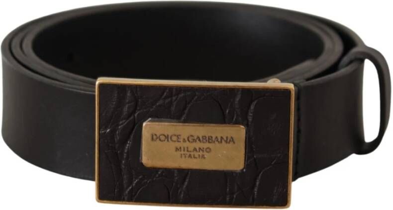 Dolce & Gabbana Black Leather Square Buckle Cintura Belt Zwart Heren