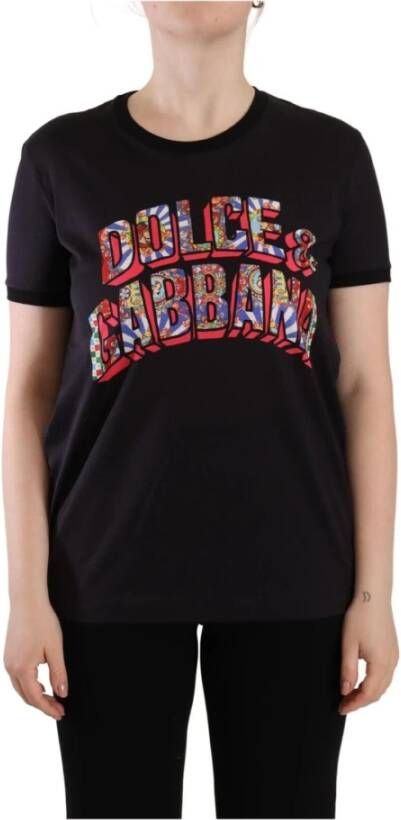 Dolce & Gabbana Black Logo Print Cotton Crew Neck Tee T-shirt Zwart Dames