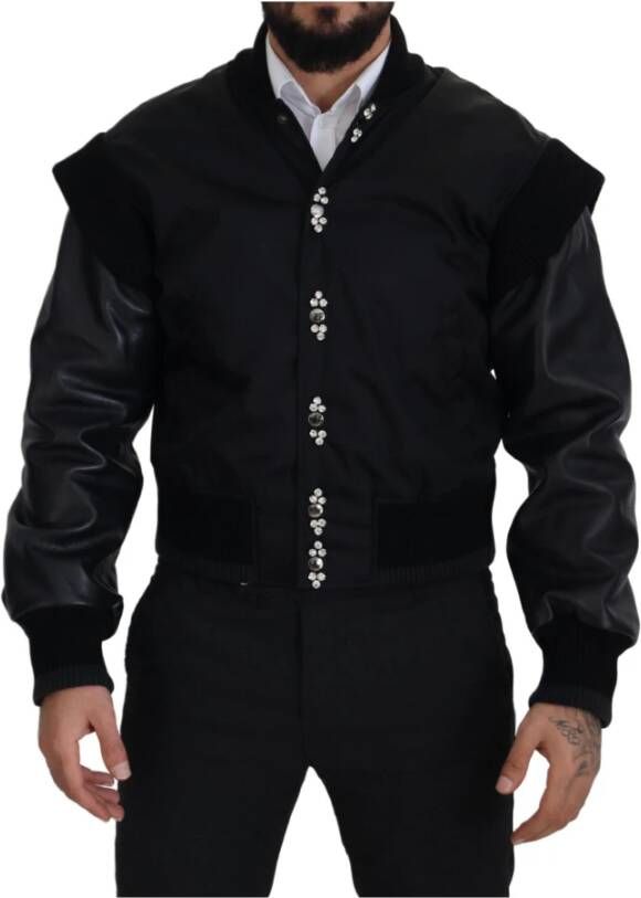 Dolce & Gabbana Black Nylon Crystals Coat Buttons Jacket Zwart Heren