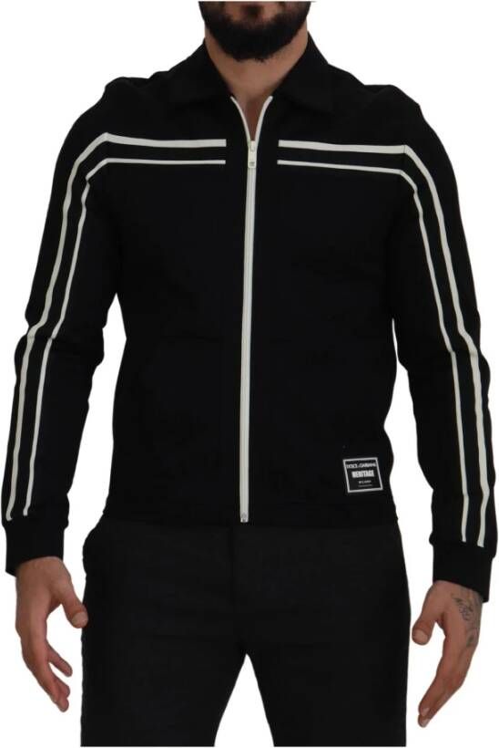 Dolce & Gabbana Black Nylon Full Zip Cardigan Logo Sweater Zwart Heren