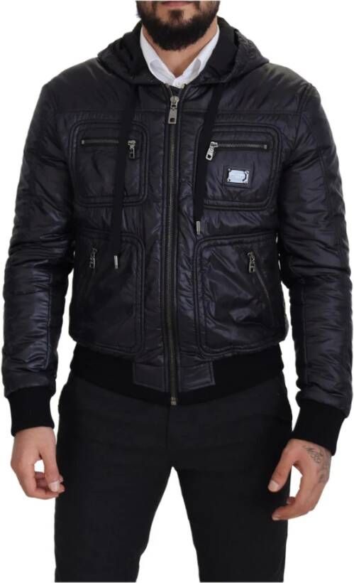Dolce & Gabbana Black Nylon Full Zip Hooded Bomber Jacket Zwart Heren