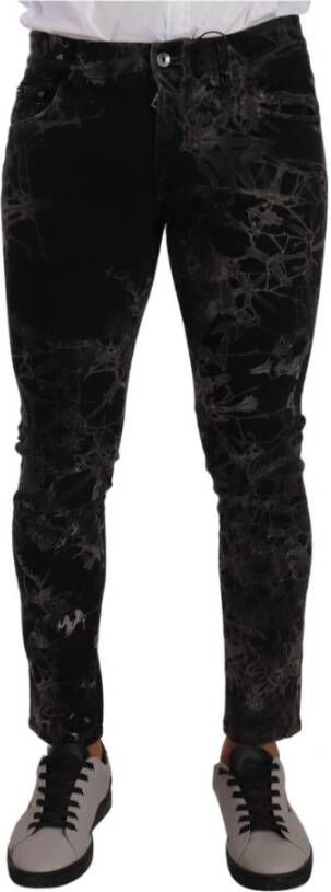 Dolce & Gabbana Black Patterned Skinny Slim Fit Jeans Zwart Heren