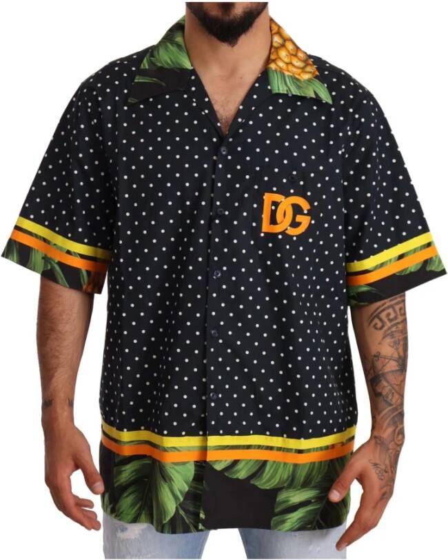 Dolce & Gabbana Black Pineapple Dot Print Cotton Casual Shirt Zwart Heren