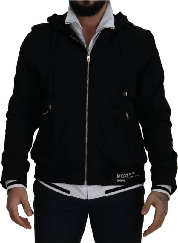 Dolce & Gabbana Black Polyester Hooded Full Zip Jacket Zwart Heren