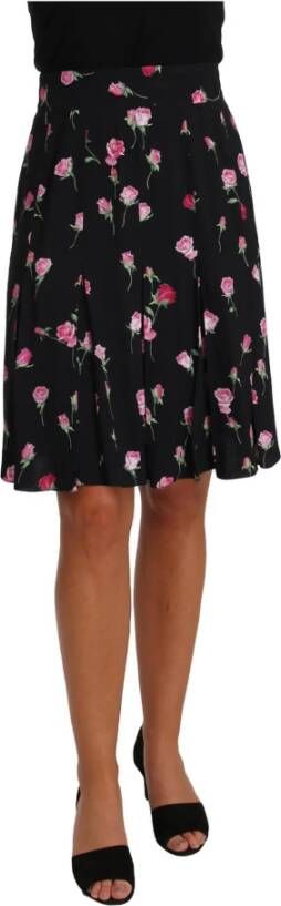 Dolce & Gabbana Black Rose Print Floral Knee Length Skirt Zwart Dames