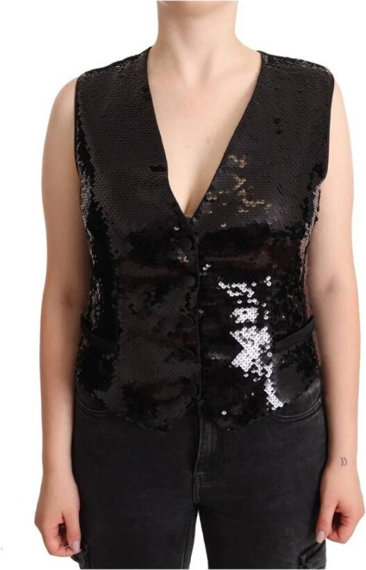 Dolce & Gabbana Black Sequin V-Neck Sleeveless Vest Tank Top Zwart Dames