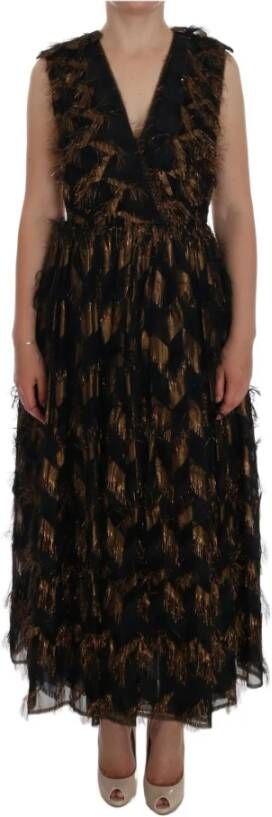 Dolce & Gabbana Black Silk Brown Fringes A-Line Dress Zwart Dames