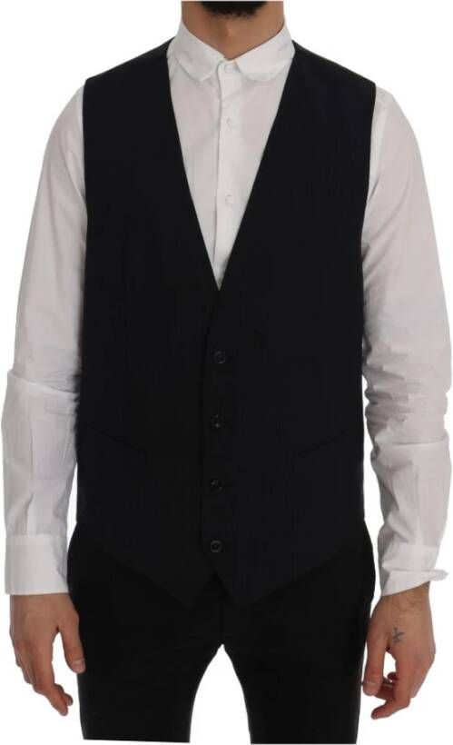 Dolce & Gabbana Black Staff Wool Striped Vest Zwart Heren