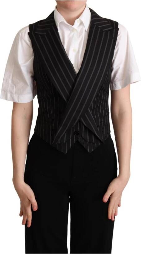 Dolce & Gabbana Black Striped Leopard Print Waistcoat Vest Top Zwart Dames