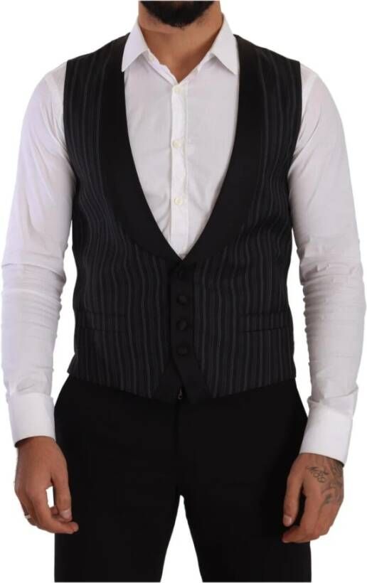 Dolce & Gabbana Black Striped Wool Silk Waistcoat Vest Zwart Heren