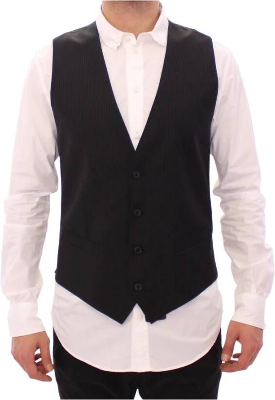 Dolce & Gabbana Black Striped Wool Single Breasted Vest Zwart Heren