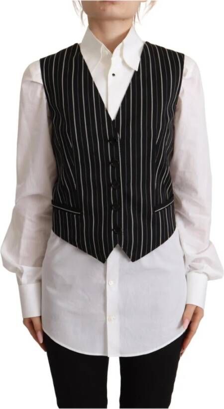Dolce & Gabbana Luxe Zwart Gestreept Wol V-hals Mouwloos Knoop Vest Top Black Dames