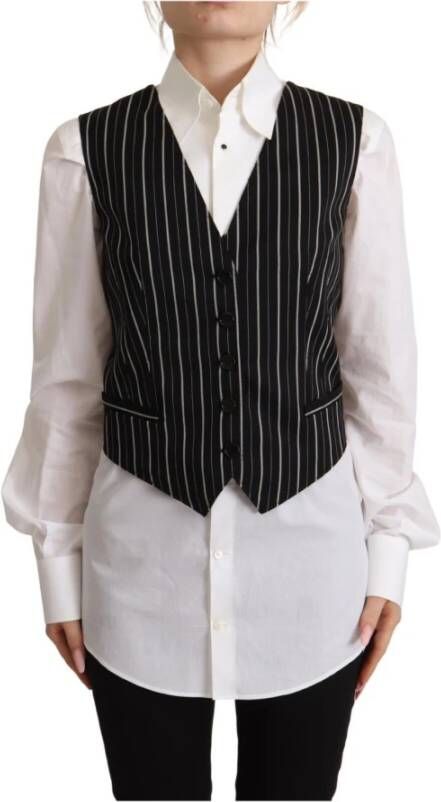Dolce & Gabbana Black Stripes Wool V-neck Sleeveless Button Vest Top Zwart Dames
