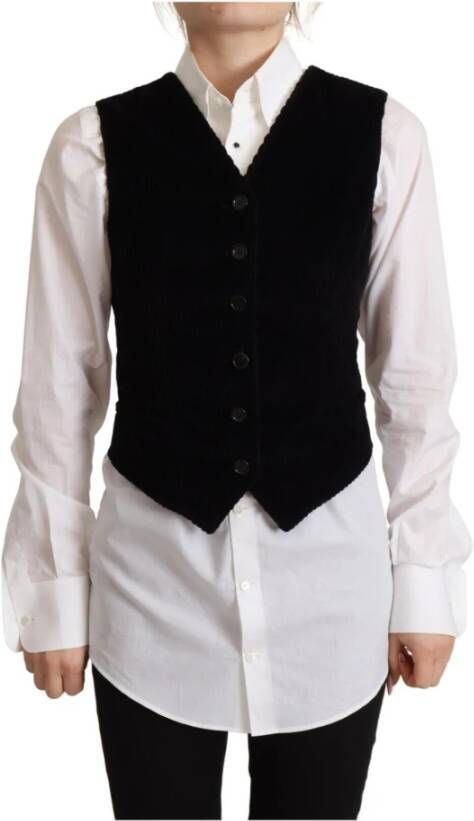 Dolce & Gabbana Luxe Zwarte V-hals Luipaard Corduroy Knoop Vest Top Black Dames