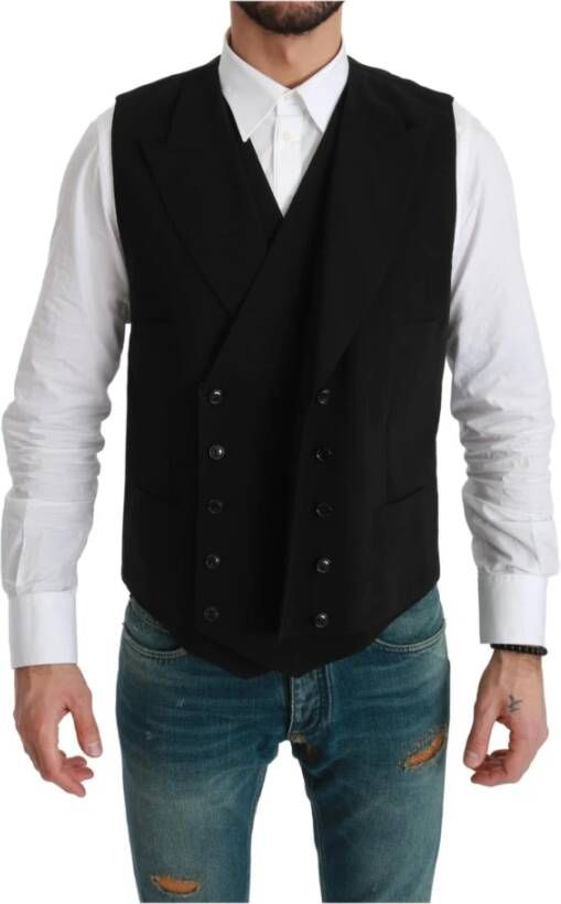 Dolce & Gabbana Black Waistcoat Formal Double Breasted Vest Zwart Heren