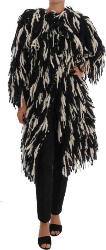 Dolce & Gabbana Black White Fringes Coat Wool Coat Zwart Dames