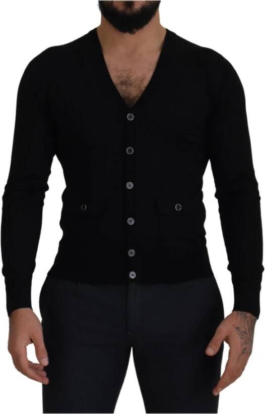 Dolce & Gabbana Black Wool Button Down Cardigan Sweater Zwart Heren