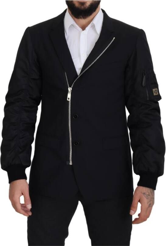 Dolce & Gabbana Black Wool Full Zip Long Sleeves Jacket Zwart Heren