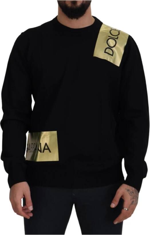 Dolce & Gabbana Black Wool Gold Logo Crewneck Pullover Sweater Zwart Heren