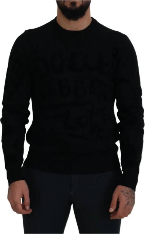 Dolce & Gabbana Black Wool Logo Pattern Crewneck Pullover Sweater Zwart Heren