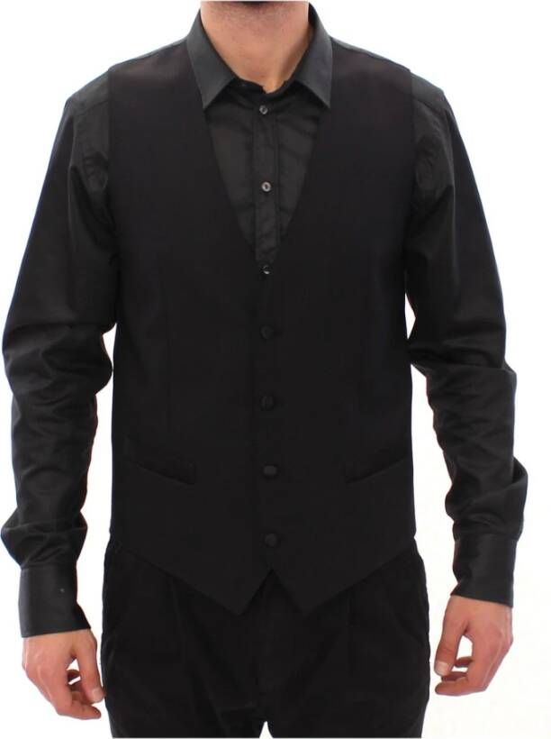 Dolce & Gabbana Black Wool Silk Dress Vest Gilet Weste Zwart Heren