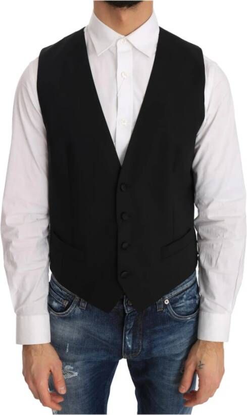 Dolce & Gabbana Black Wool Silk Vest Zwart Heren