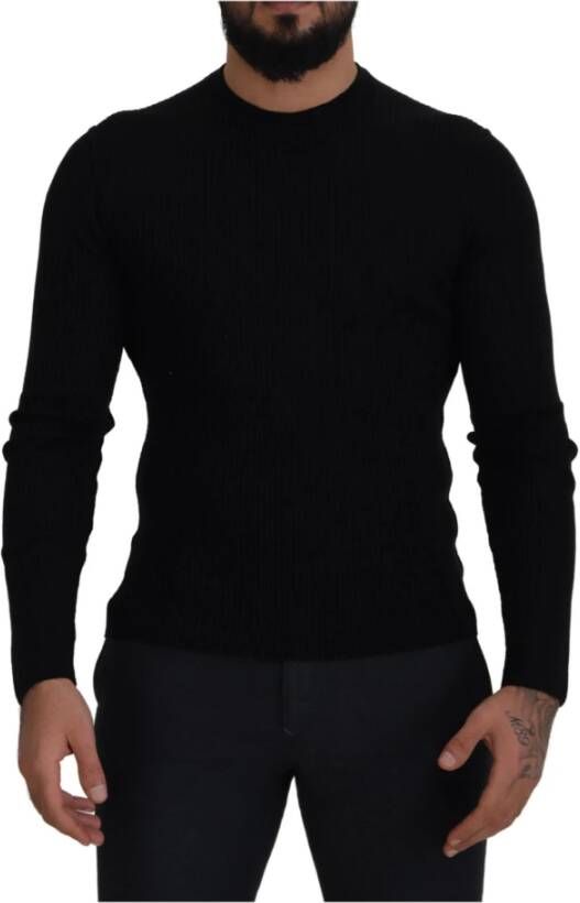 Dolce & Gabbana Black Wool Slim Fit Crewneck Pullover Sweater Zwart Heren