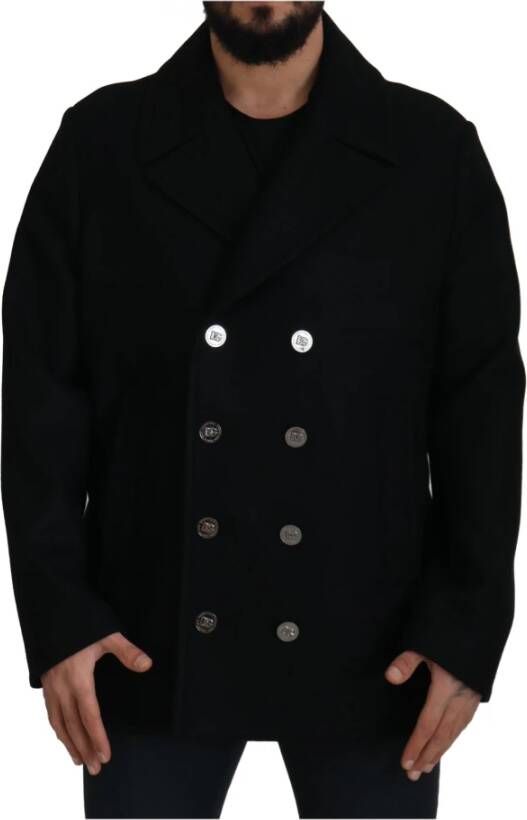 Dolce & Gabbana Black Wool Trench Overcoat Jacket Zwart Heren