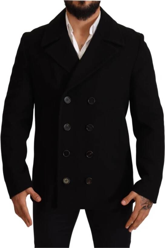 Dolce & Gabbana Luxe Zwarte Wollen Trench Peacoat Jas Black Heren