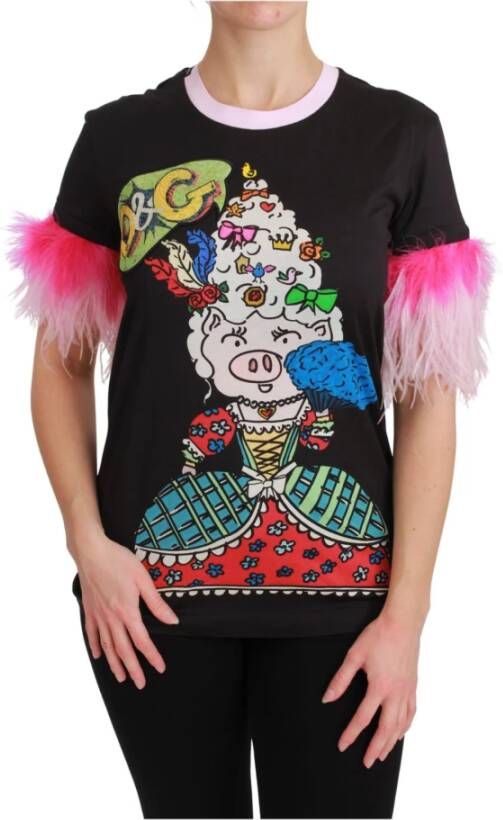 Dolce & Gabbana Jaar van het Varken T-shirt Kleurrijke Crewneck Top Black Dames