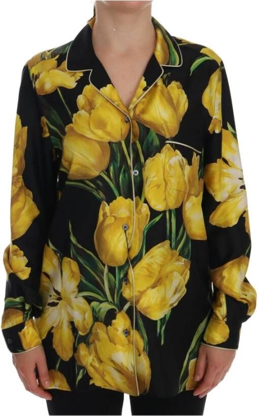 Dolce & Gabbana Black Yellow Floral Long Sleeves Pajama Shirt Top Zwart Dames