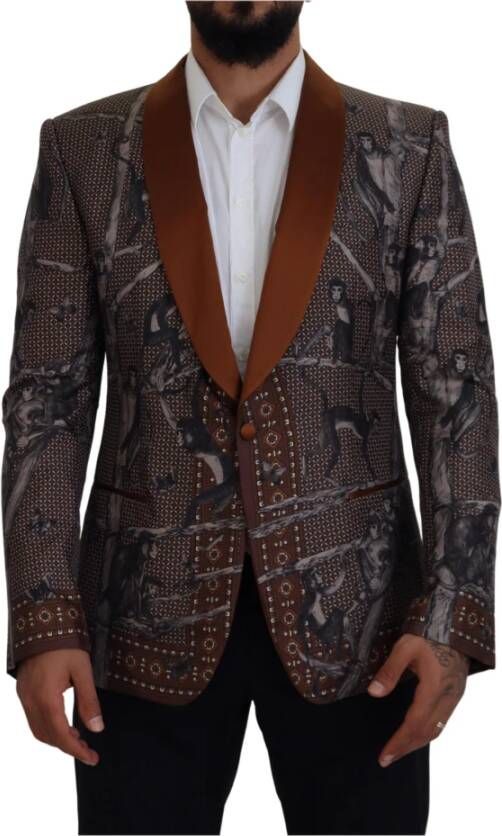 Dolce & Gabbana Bronze Monkey Print Silk Slim Jacket Blazer Brown Heren