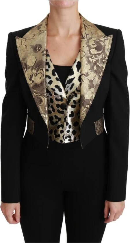 Dolce & Gabbana Black Jacquard Vest Blazerjas Coat Wool Jacket Zwart Dames
